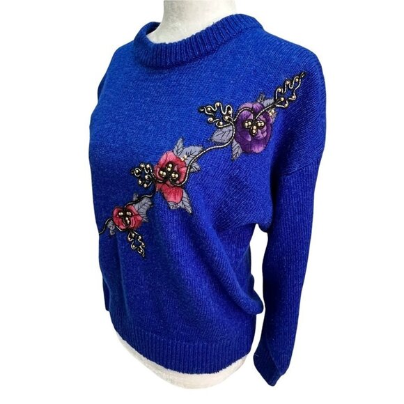 VINTAGE 1980's Royal Blue Raime Blend Embroidered Sweater Size M/L - Picture 3 of 8